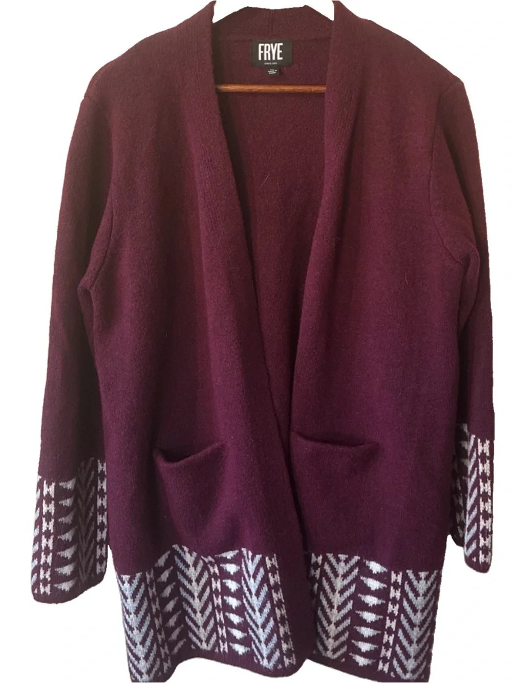 Frye Women's Aztec Knit Cardigan Sweater Dark Red Open Front Sz XL EUC